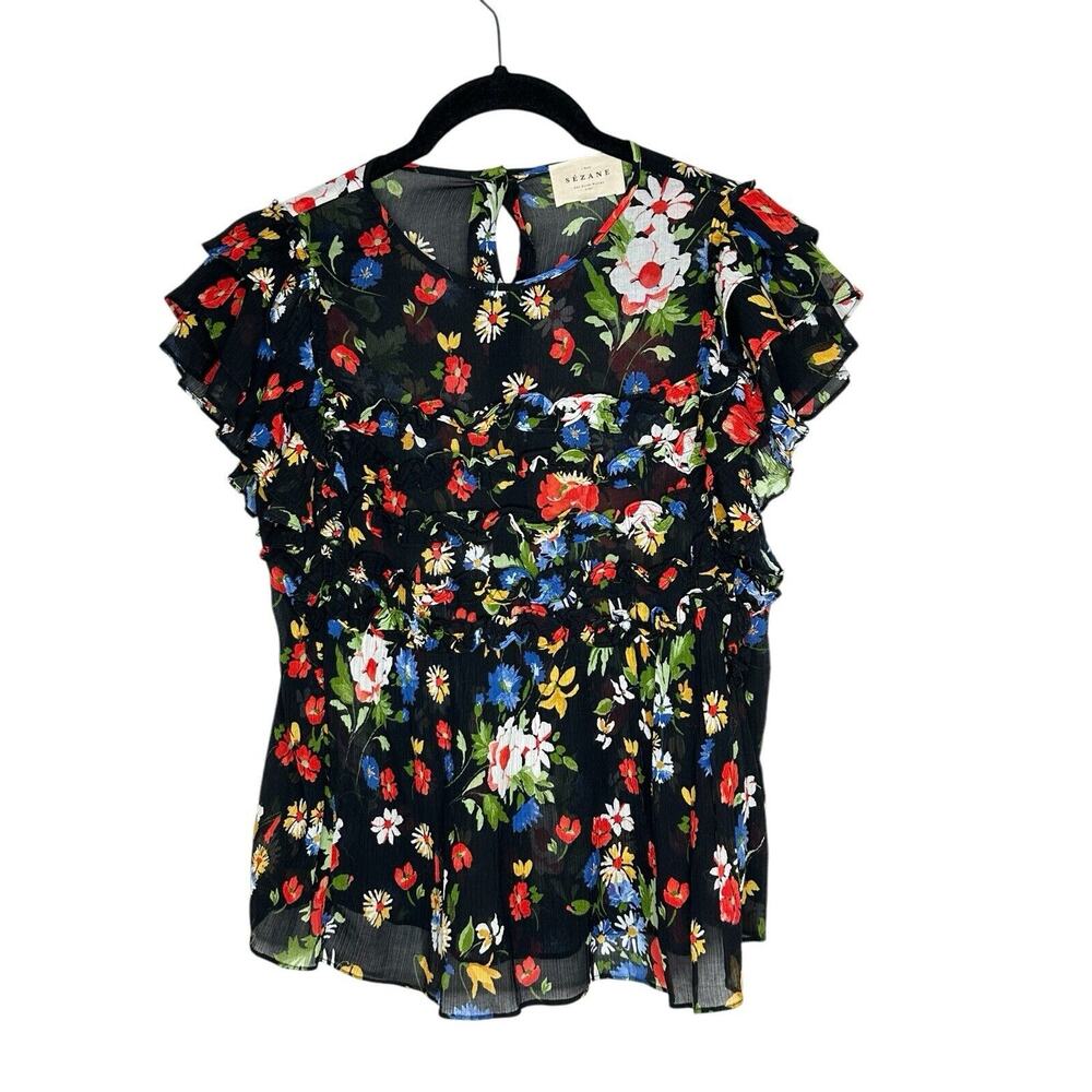 Sezane Womens Floral Silk Blend Blouse 34(US 2) Ruffle‎ Feminine Semi Sheer